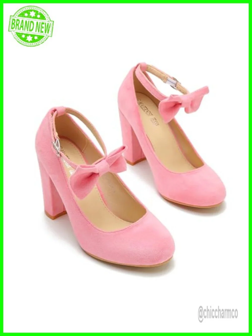 Synthetic Suede Bow Ankle Strap Pumps, 3.5in Block Heel Mary Jane